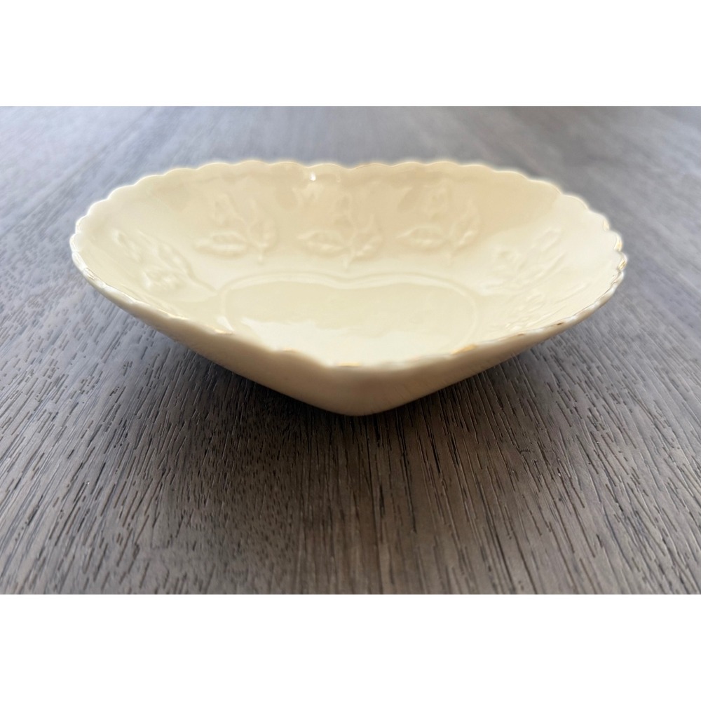 Cream Heart-Shaped Trinket Dish Embossed Roses Gold Trim Romantic Cottage Decor - Picture 3 of 10